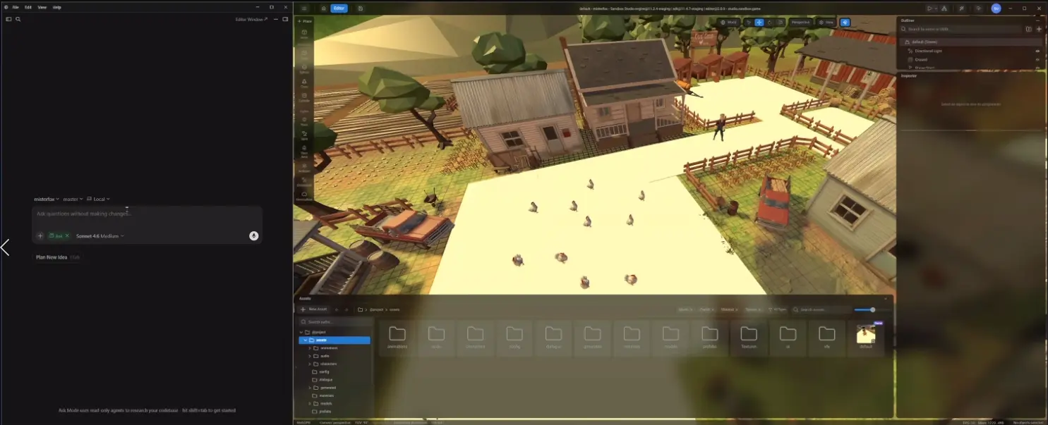 The Sandbox Studio AI agent panel beside the Three.js editor during the Outfoxed demo